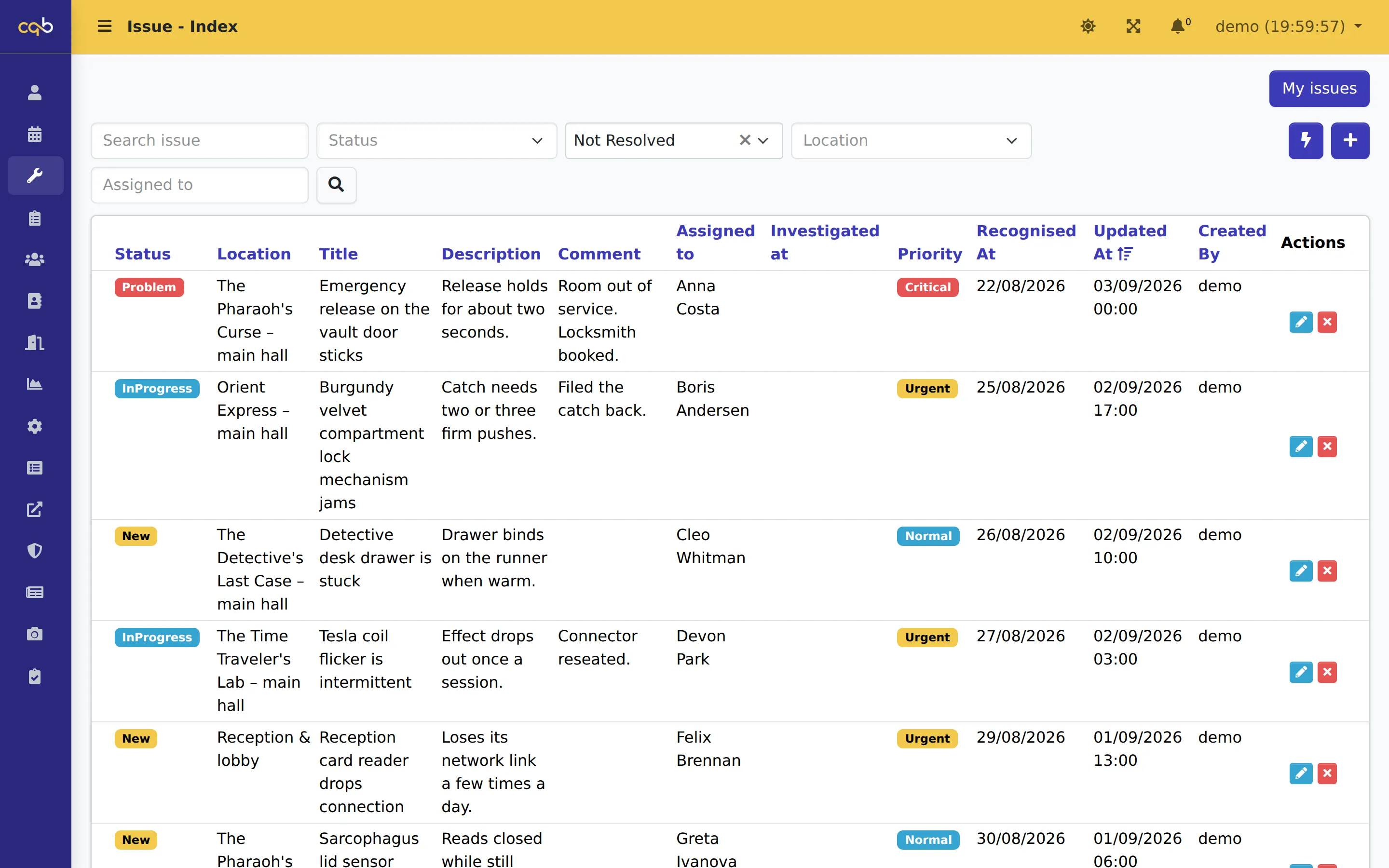Maintenance issue list with priority and status chips, assignees and locations