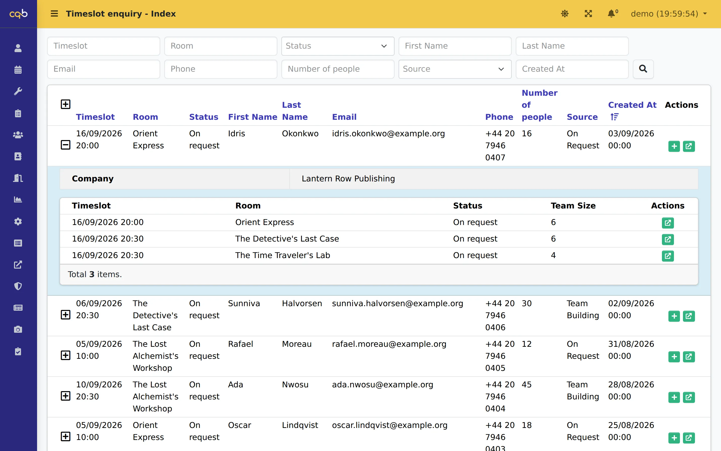 Timeslot enquiries with company names, party sizes and statuses, one expanded to show its requested slots