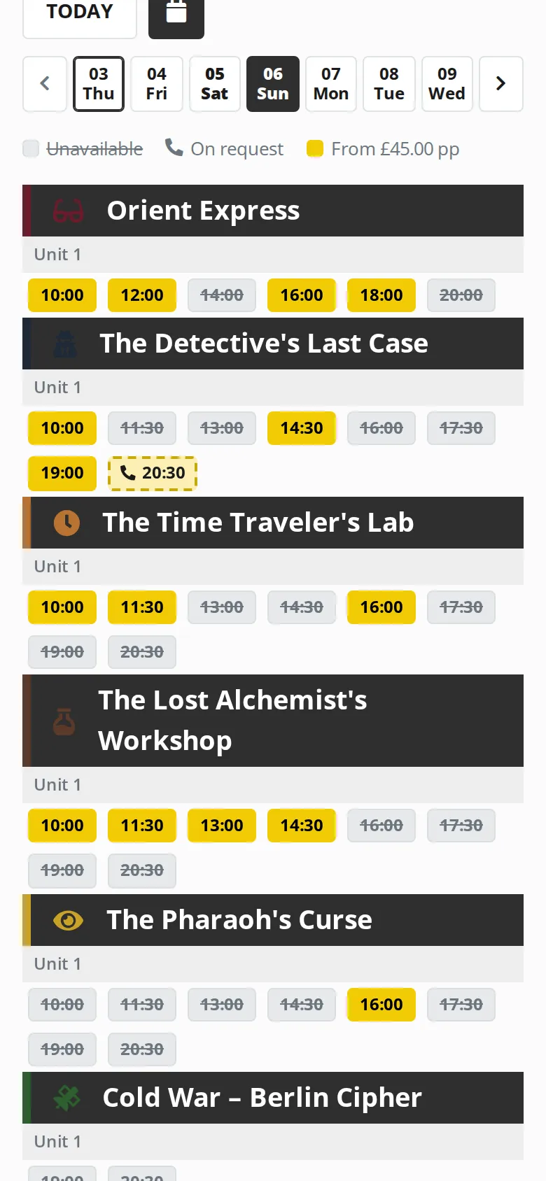 Booking widget on a phone: the day view of every game's timeslots