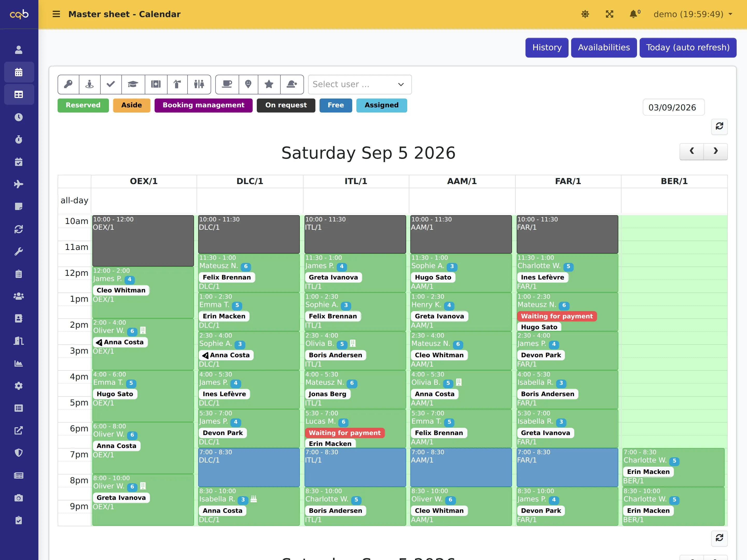 cqbooking Master Sheet: six rooms as columns for one Saturday, every session booked and staffed