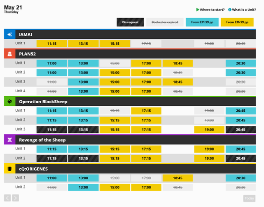 cqbooking calendar showing every game's availability across one day in a single view