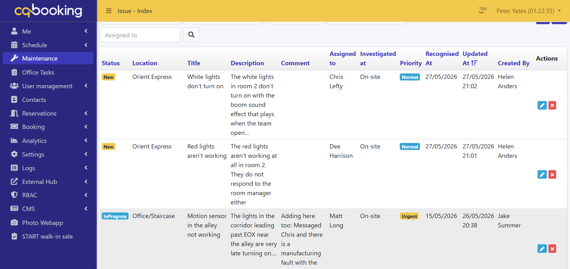 cqbooking maintenance screen listing open upkeep tasks for the venue